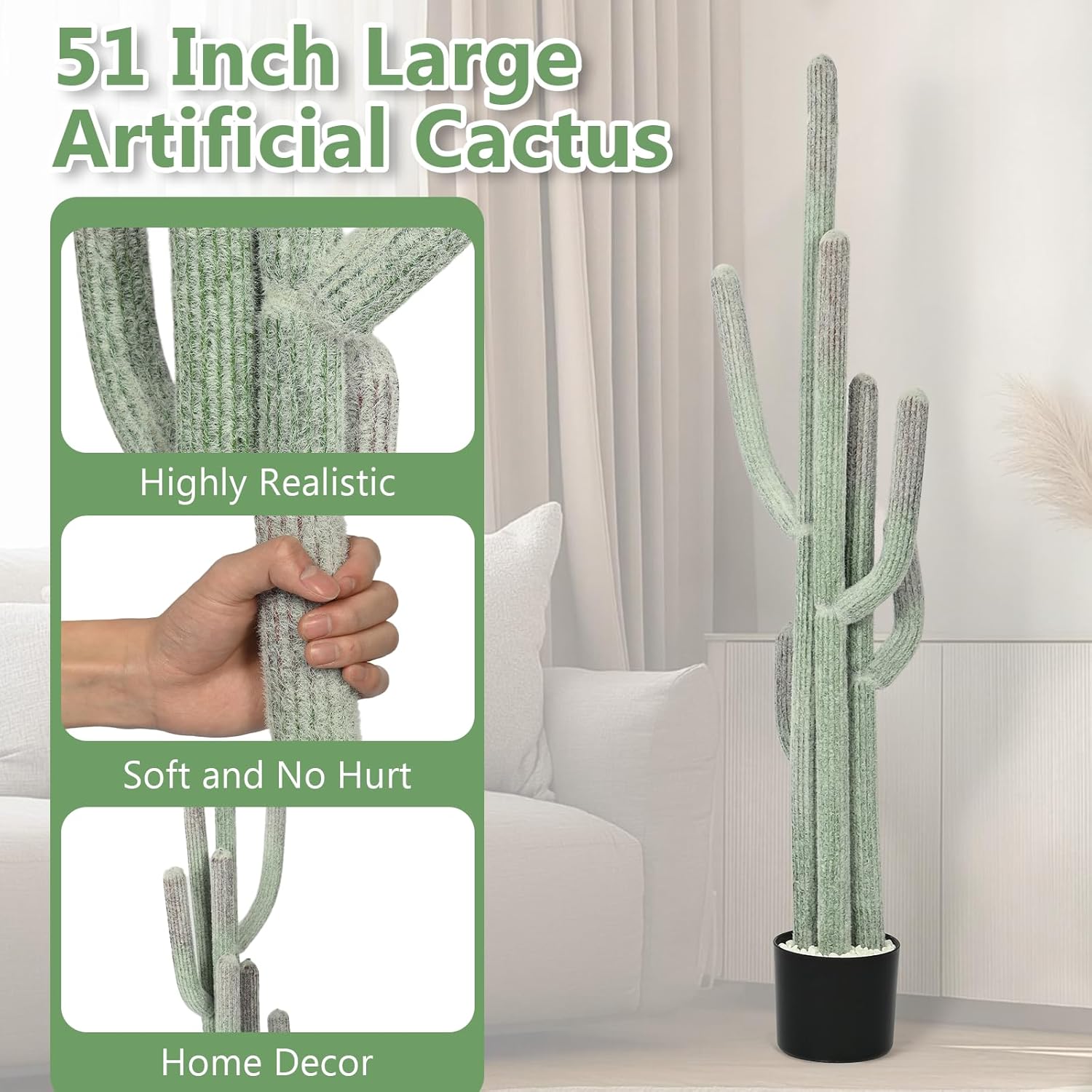 tonchean 51 Inch Tall Artificial Cactus, Large Faux Cactus Plants Indoor, Realistic Texture Fake Cactus with Black Pot for Home Office Living Room Bedroom - Image 3