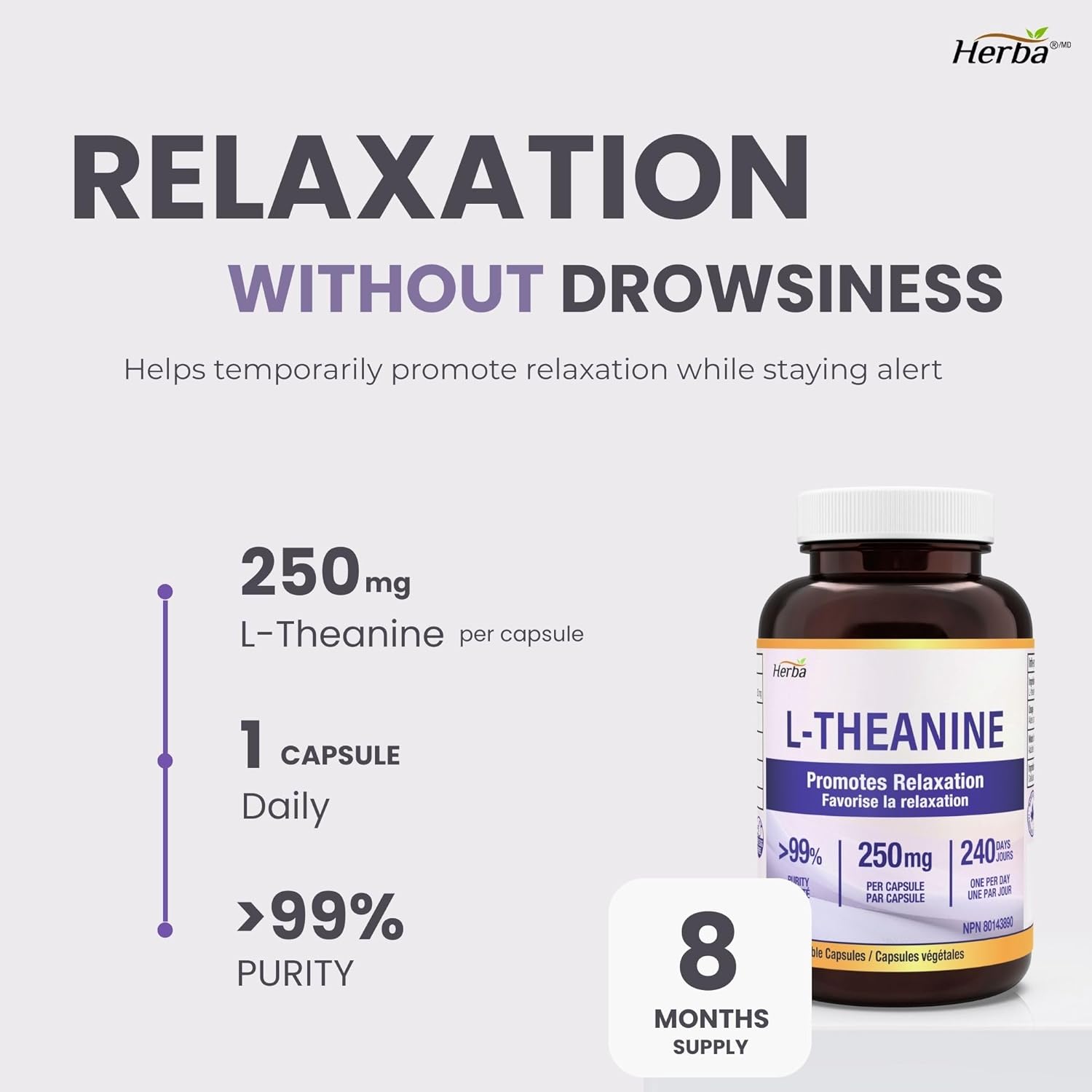NEW L-Theanine Supplement 250mg – 240 Capsules | >99% Ultra Pure | Magnesium Stearate Free | Promotes Relaxation Without Drowsiness | 8 Month Supply | Made in Canada | Herba - Image 3