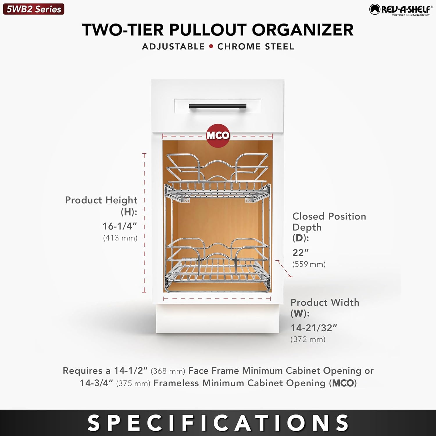 Rev-A-Shelf 2-Tier Kitchen Cabinet Pullout Shelf and Drawer Organizer Slide Out Pantry Storage Basket in Multiple Sizes, 15 x 22 In, 5WB2-1522CR-1