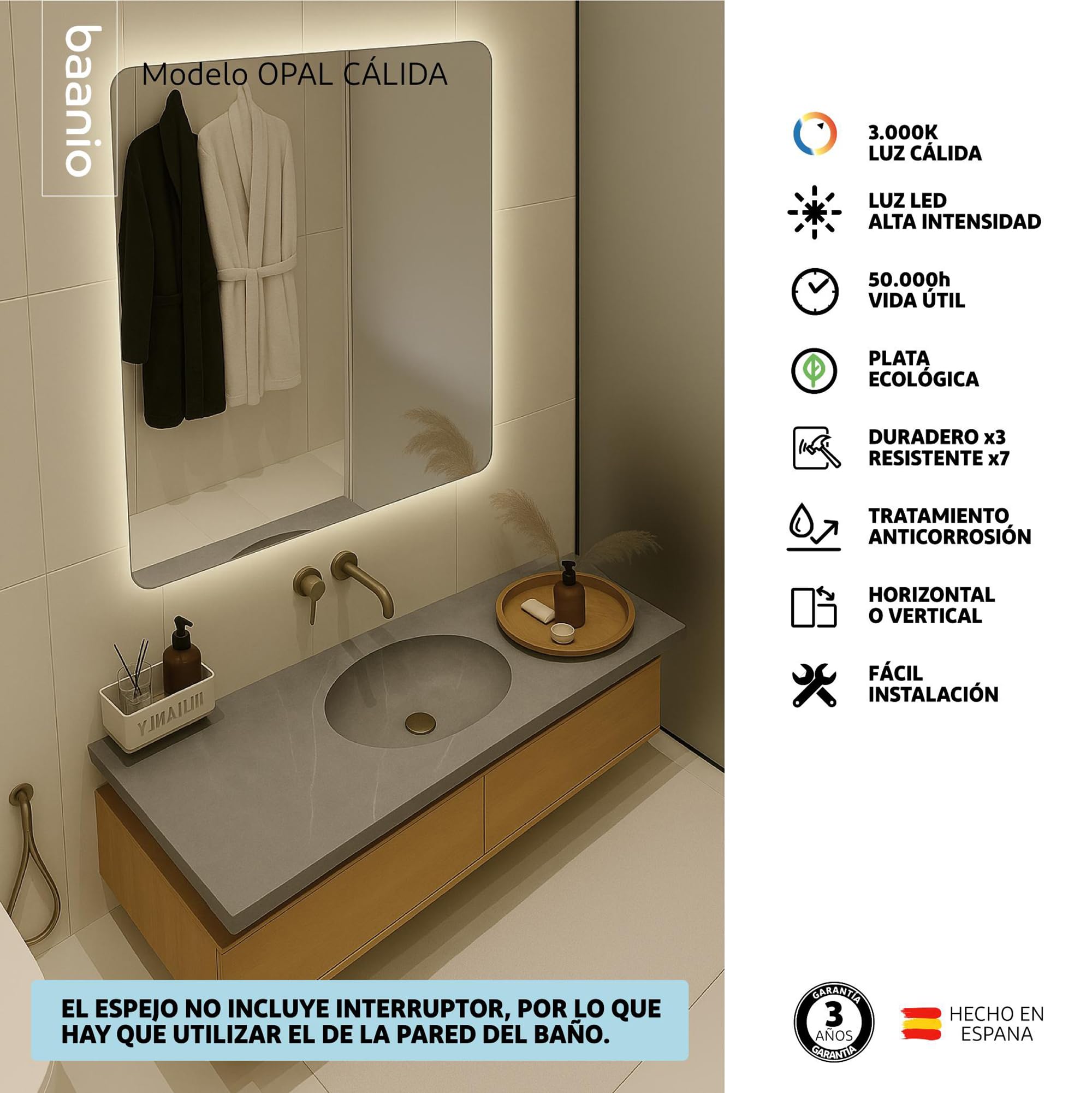 Opal - Espejo Baño Luz LED Cálida Rectangular 80x100 | Espejo Retroiluminado con Esquinas Redondeadas | Plata Ecológica de 4 mm | Montaje Horizontal o Vertical