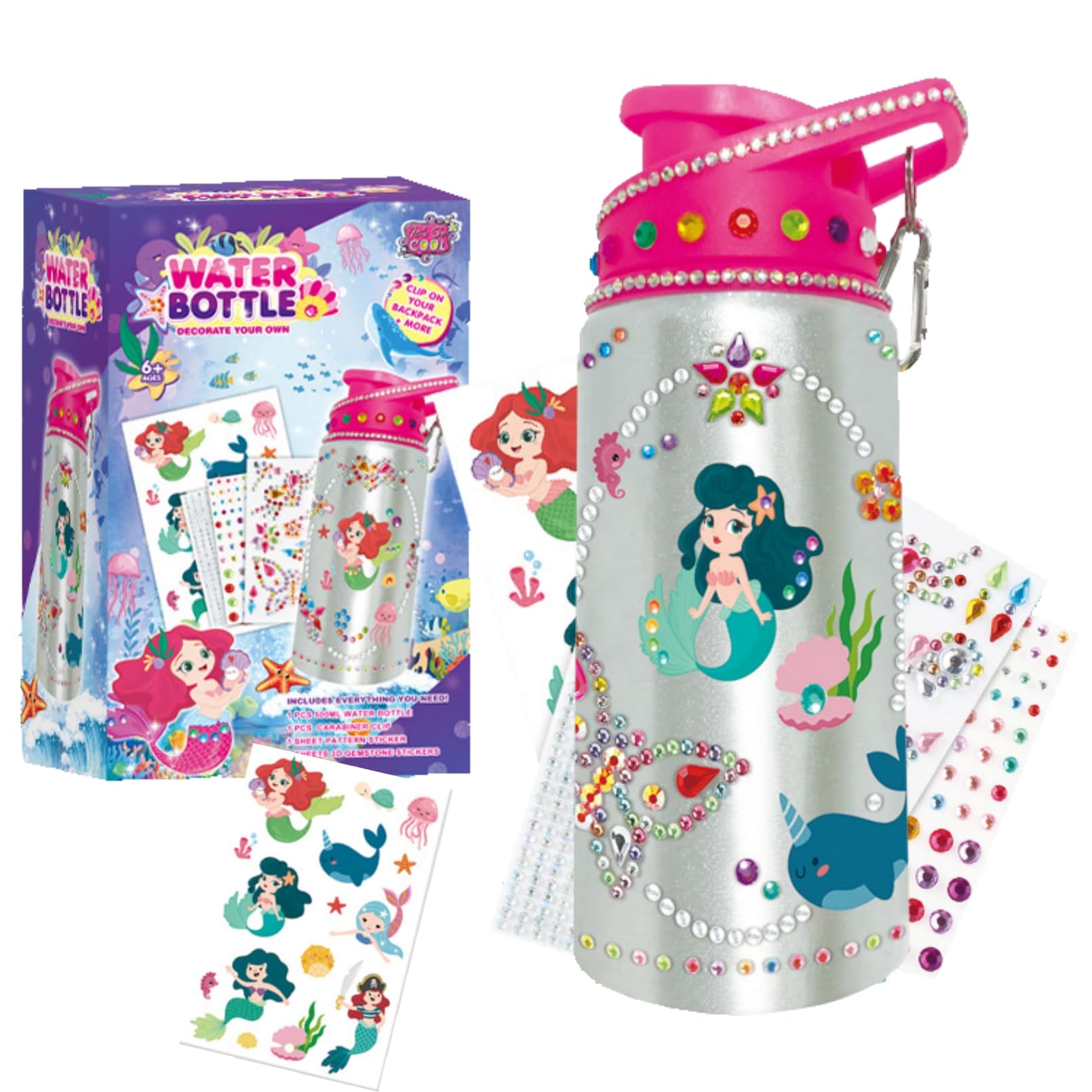 AM ANNA Gifts for Girls Decorate Your Own Water Bottle, Great 6 Year Old Girl Birthday Gift Ideas, Girls Gifts Age 6-8 Years Old with Mermaid and Glitter Gem Stickers (Mermaid)