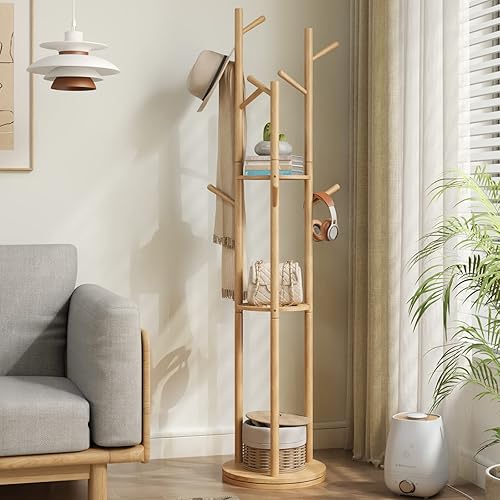 Miniatura 3 de KungFuWood Perchero rotativo, perchero de madera independiente con 3 estantes y 9 ganchos, perchero resistente y fácil de montar para entrada,