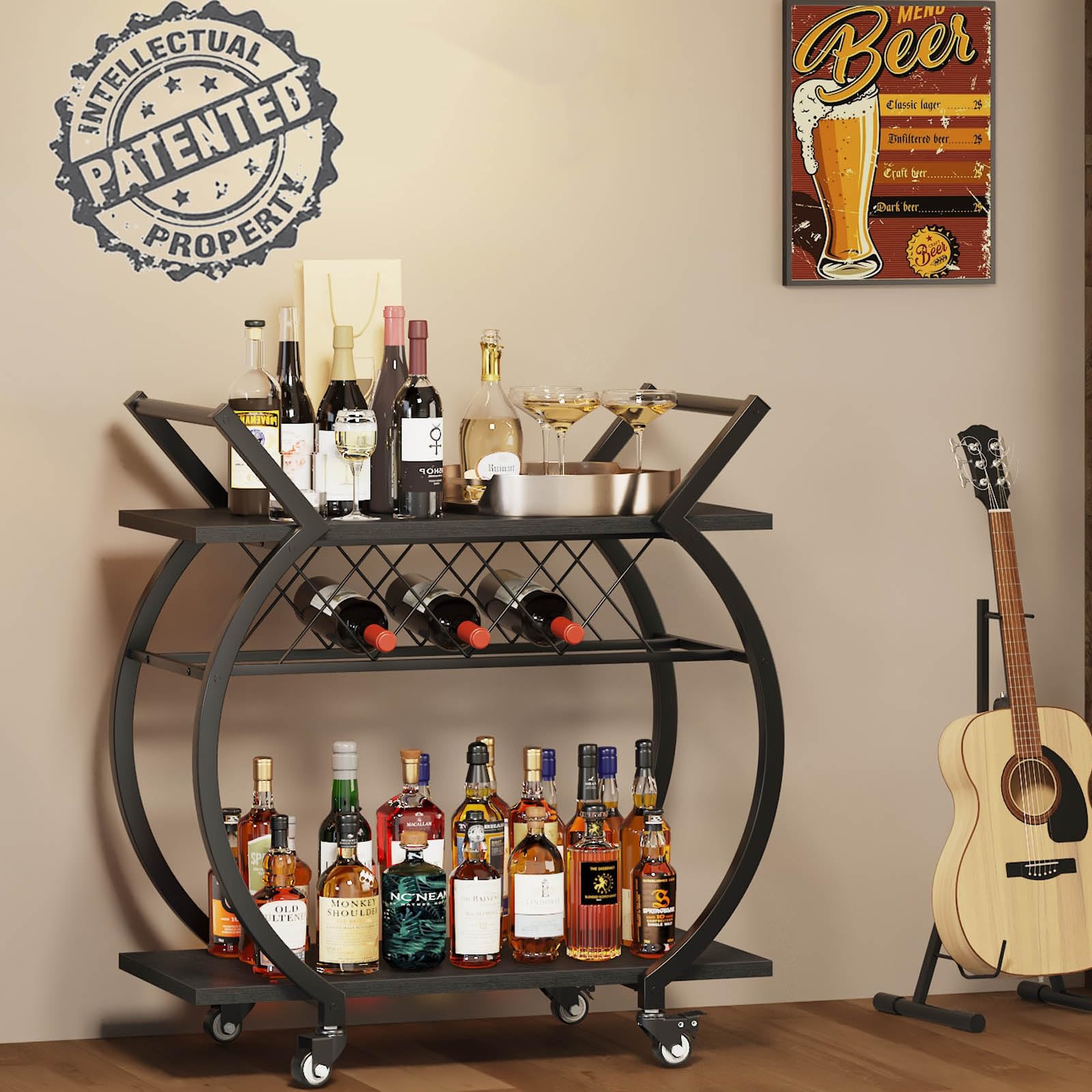 LVB Carrello Portabevande Nero, Carrello Bar con Ruote in Legno/Metallo, Mobile per Vino e Bevande, Ripiano inclusi, Ideale per Cucina o Sala da Pranzo