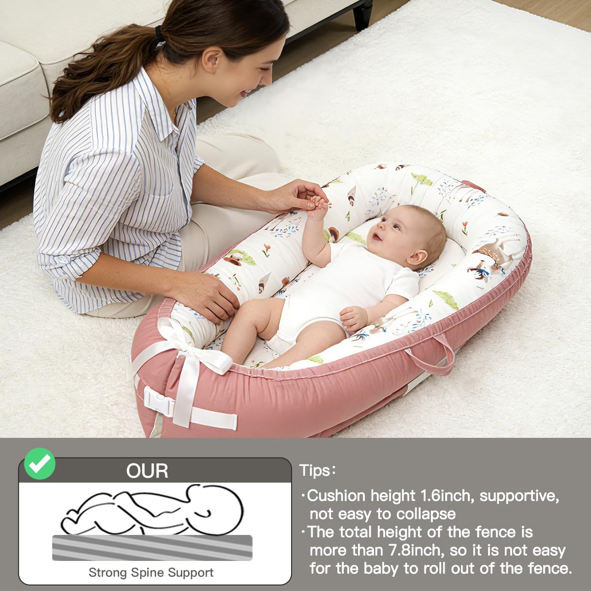 Baby Lounger | Organic Cotton Infant Lounger | Reversible, Adjustable & Portable Floor Lounger | Soft, Breathable, Washable Cover