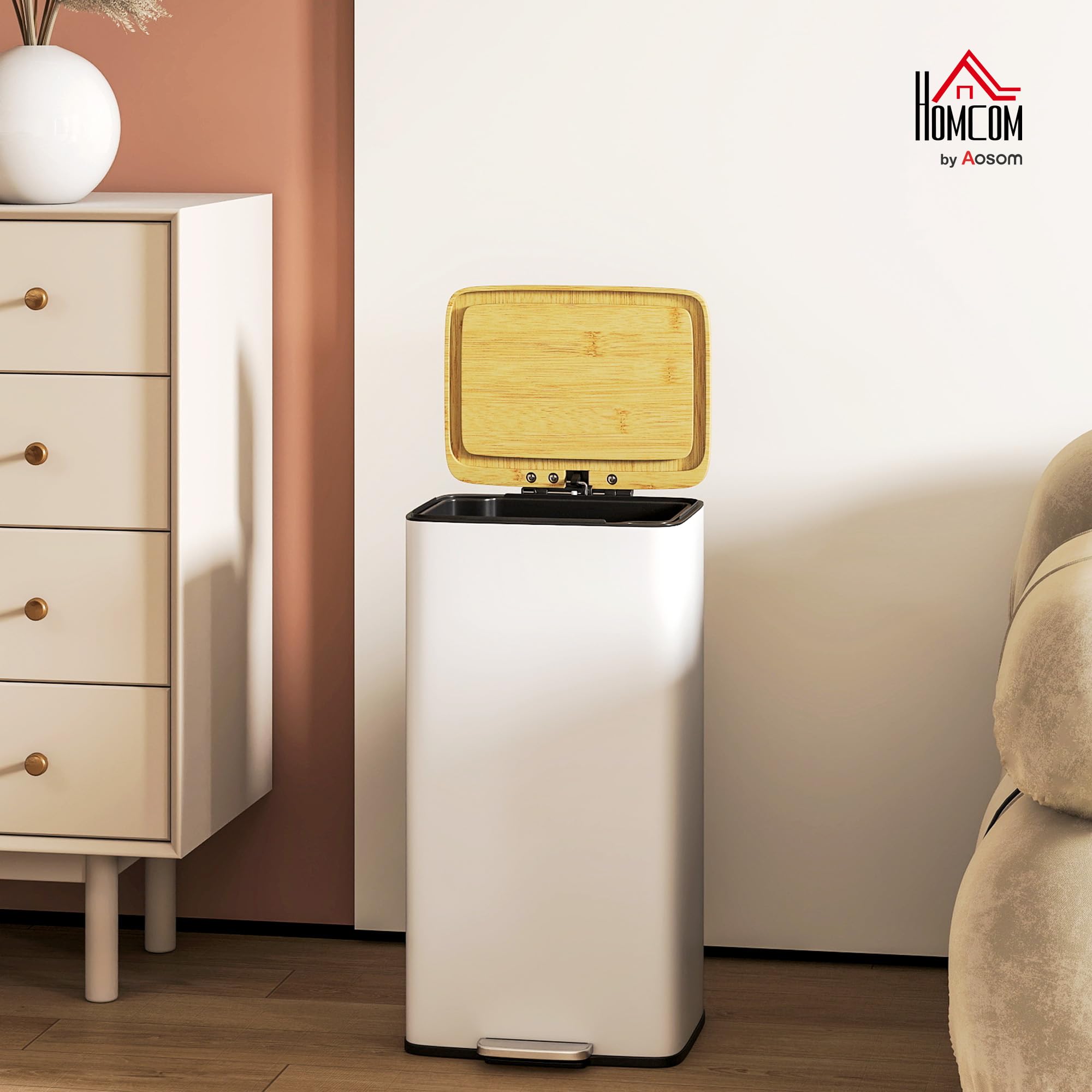 HOMCOM Cubo de Basura Cocina con Pedal, 20L, Tapa de Bambú de Cierre Suave, Papelera de Cocina con Cubo Interior Extraíble, Anti-Huellas, para Dormitorio, Salón, 29,5x29,5x56,8 cm, Blanco y Natural