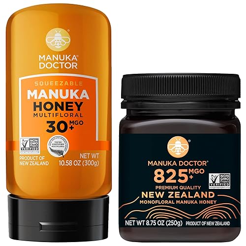 MANUKA DOCTOR - MGO 30+ Multifloral SQUEEZY y MGO 825+ Monofloral Manuka Honey Value Bundle, 100% miel de Nueva Zelanda pura. Certificado.