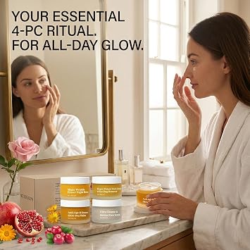 Skin Care Set For Mature Skin , 4IN1 Natural Organics Face Cream Set,Anti-Aging Skincare Set with Pomegranate, Arctic Rosehip & Arnica,Deep Hydration & Firming,Day /Night Balm,Eye Balm & Face Scrub