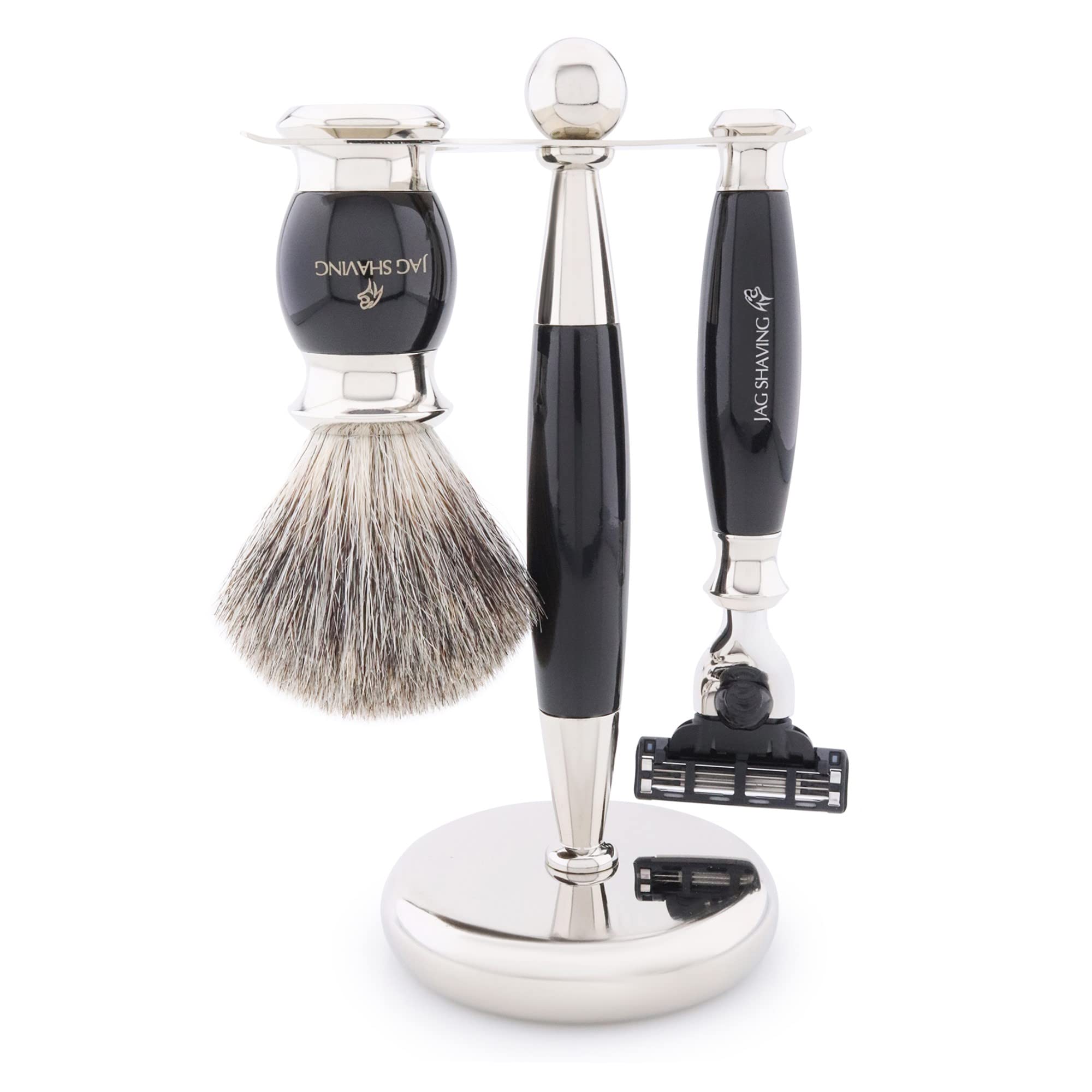Jag Shaving Zestaw do golenia – 4-częściowy zestaw do golenia – JAG's LEE Range – pędzel do golenia z włosia borsuczego – 3 krawędzie ostrza do golenia – miseczka do golenia – stojak do golenia – czarny zestaw upominkowy