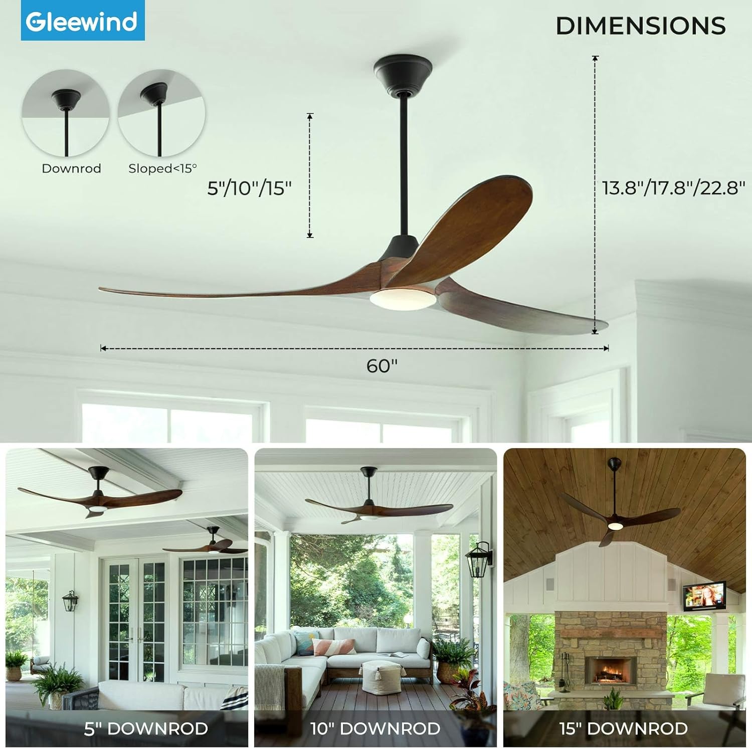 60 inch Outdoor Ceiling Fan with Light-Glass Lamp, 3 blade Wood Propeller Ceiling Fans with Lights and Remote Control for Patios, Exterior Damp Rated High CFM Ceiling Fans Modern Smart APP