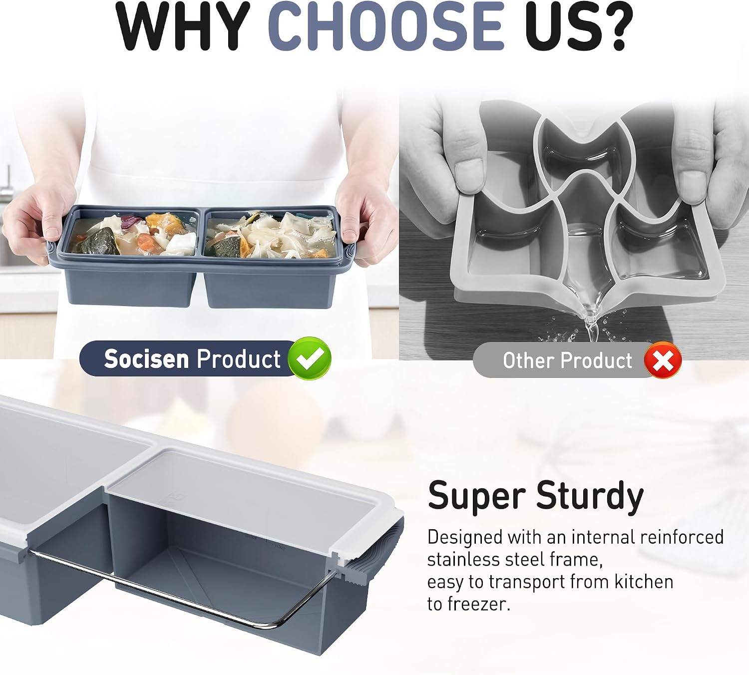 Silicone Freezer Tray with Lid Soup Freezer Container Molds with Steel Reinforced Rim Large Ice Cube Tray Makes 4 Perfect 2 Cup Portions Cubes Storage Food Housewarming Gift Kitchen Must Haves image 4