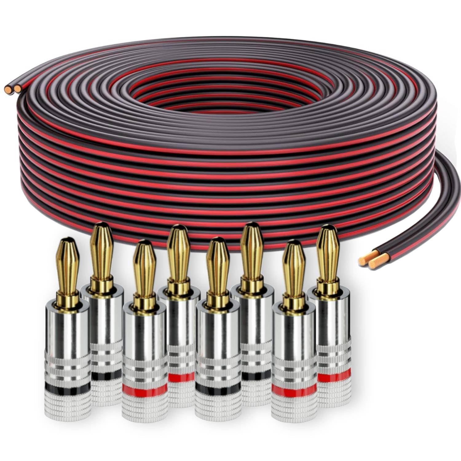 PureLink Cable para altavoces con conectores banana, cable audio OFC 2x2,50mm² (0,20mm), 20,0m, 8 conectores, cobre puro para altavoces HiFi y subwoofer, marcación de polaridad, negro