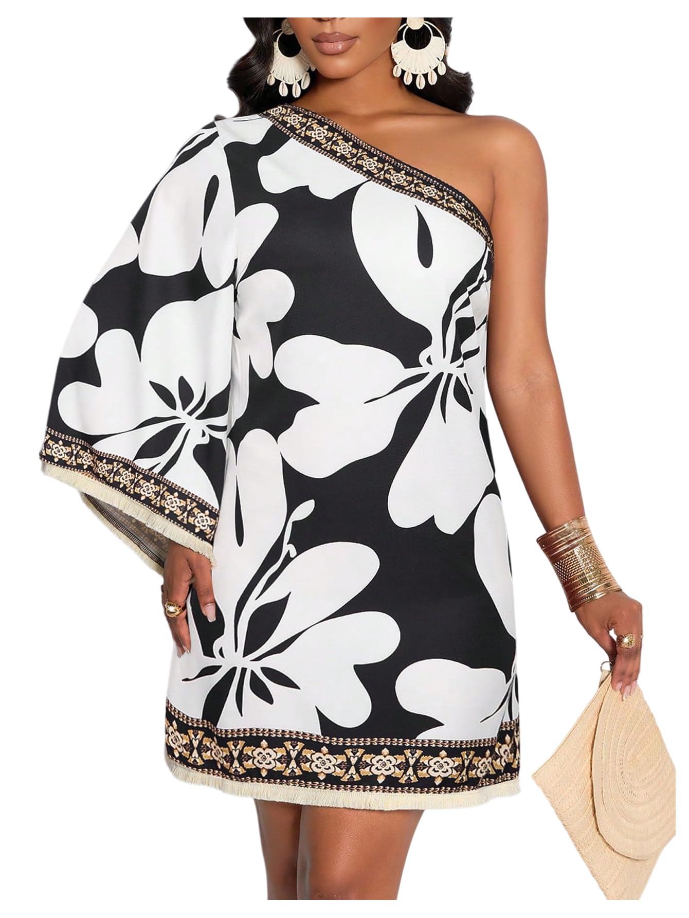 Women's Vintage Tropical One Shoulder Tassel Wedding Guest Dress Elegant Vacation Dresses