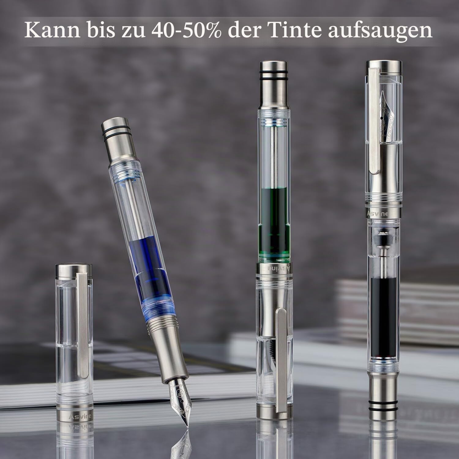 Asvine V200 Titan-Füllfederhalter, Vakuum füllung, Iridium mittlere Spitze, transparent Acryl Füller, glattes Schreiben, Stiftetui-Set