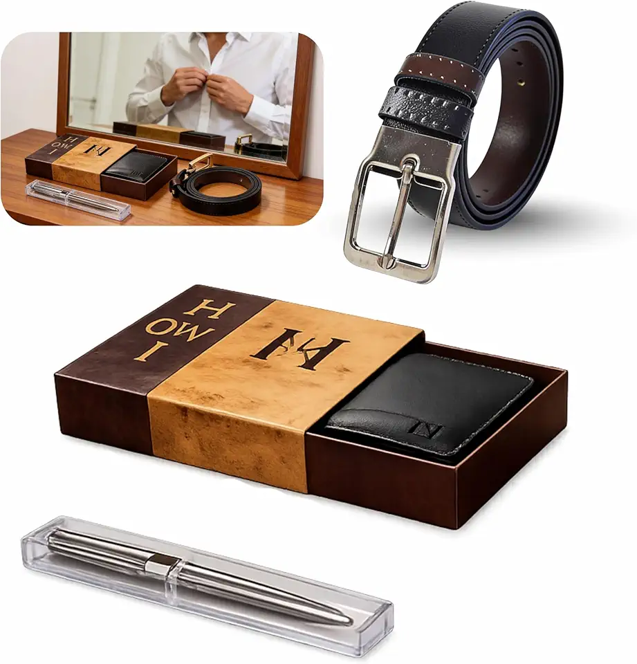Kit Masculino Premium 3 Peças: Cinto Dupla Face (Marrom/Preto), Carteira de Couro e Caneta Esferográfica com Estojo