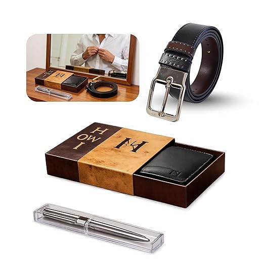Kit Masculino Premium 3 Peças: Cinto Dupla Face (Marrom/Preto), Carteira Elegante e Caneta Esferográfica com Estojo