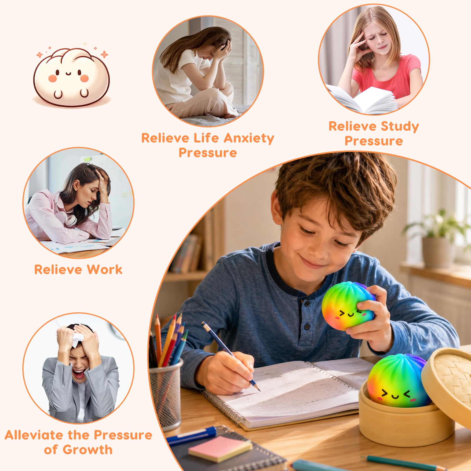 Dumpling Squishy con Vaporiera 9,5 cm, Glitter Squishy Dumpling Mystery, Giocattolo Anti-Stress, Slow Rising Bao Bun Balla Antistress per Bambini e Adulti (Rainbow)