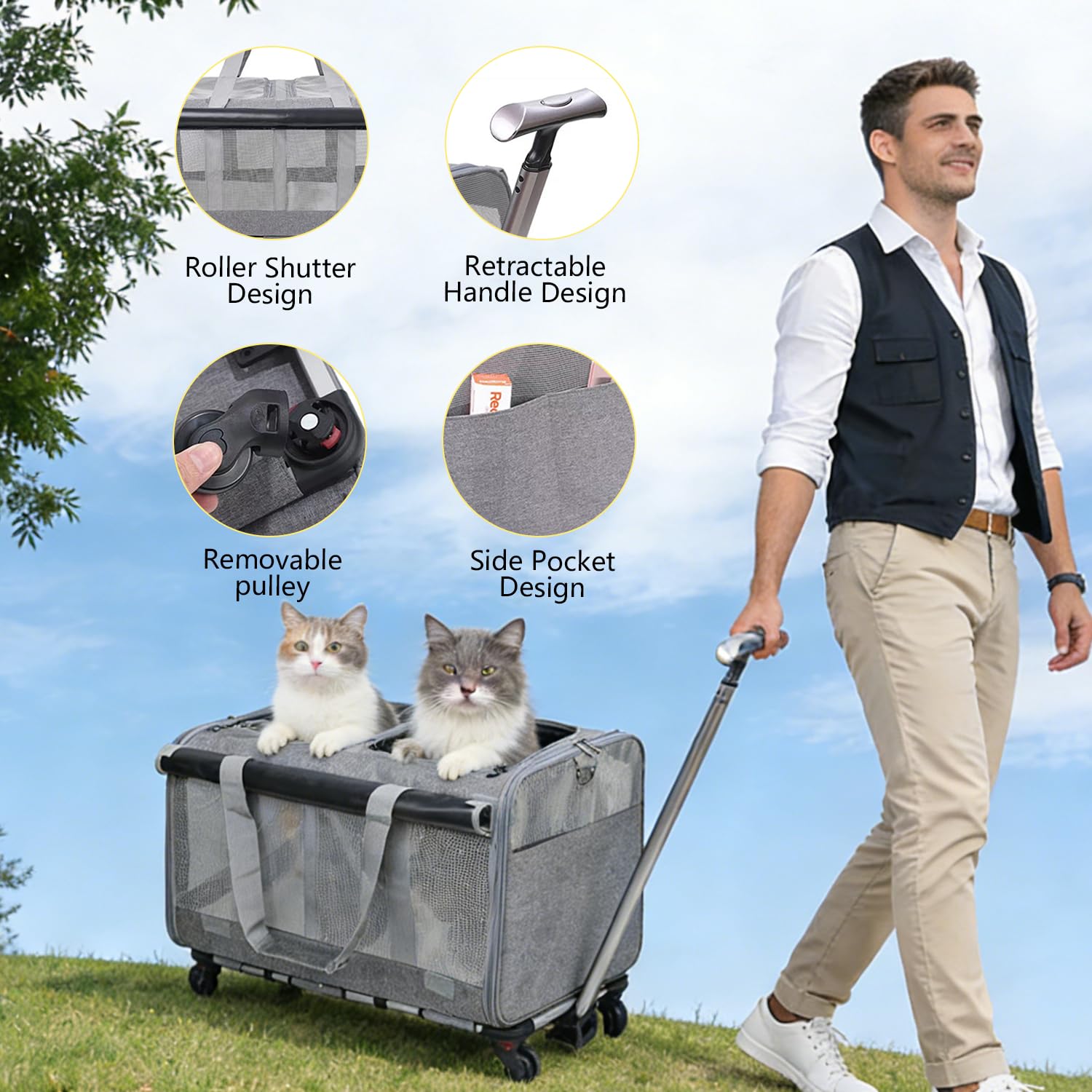 Sac de transport à roulettes pour chat, double compartiment, pour 2 chats et petits chiens, charge jusqu'à 16,3 kg, idéal pour les voyages, la randonnée, le camping, gris