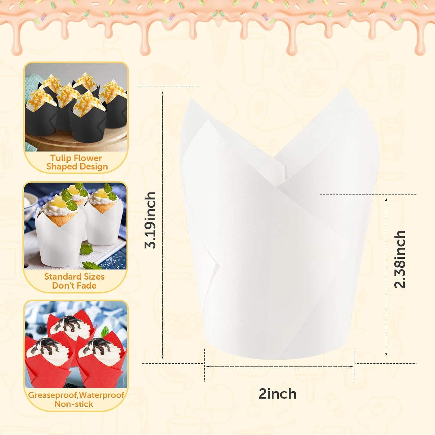 White Cupcake Liners 100Count Tulip Cupcake Liners Standard Tulip Baking Paper Cupcake Greaseproof Muffin Liners for Wedding Birthday Christmas Party Baby Shower Anniversaries All Festivals