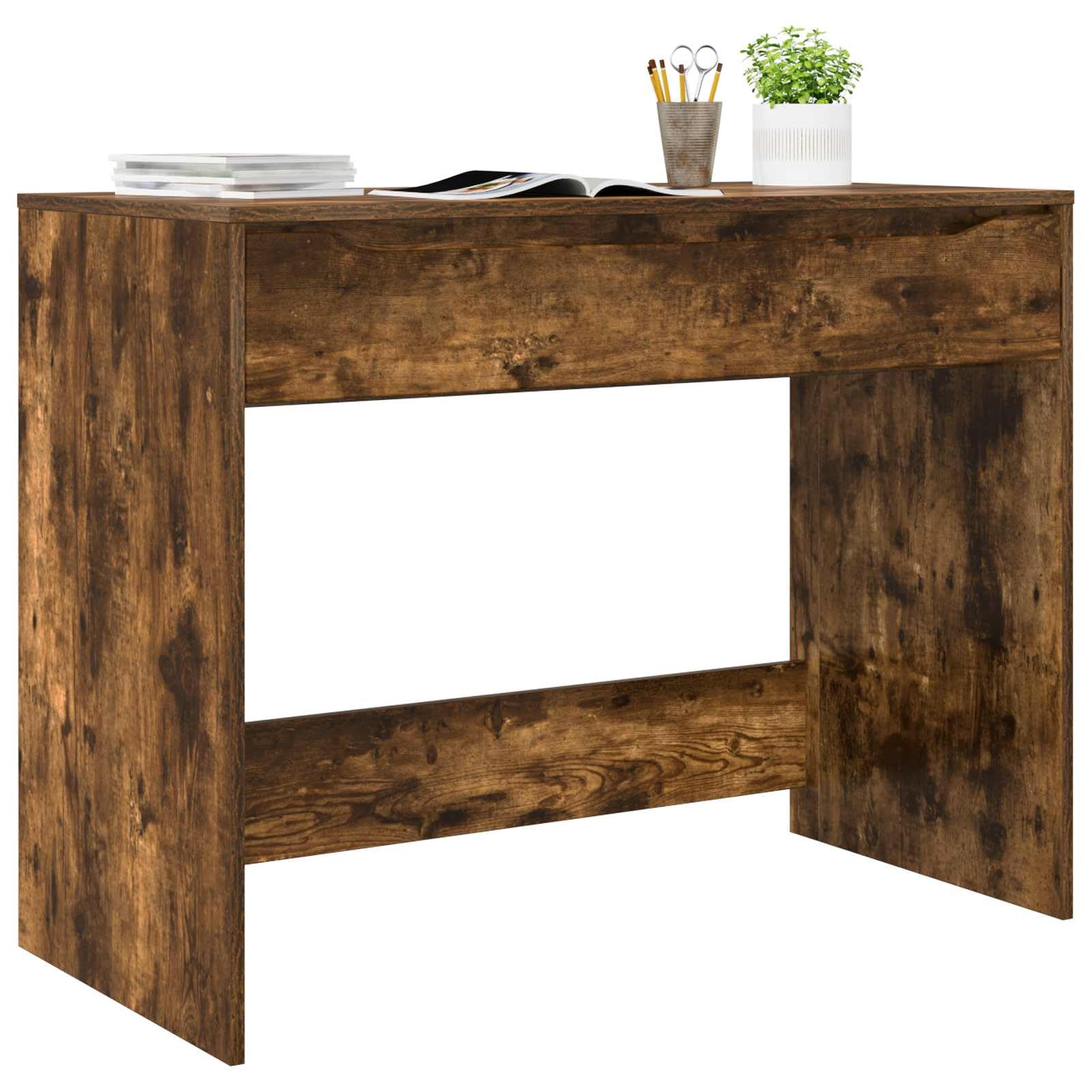 Scrivania con cassetto, in legno di rovere affumicato, 100 x 50 x 78 cm, compatta, per ufficio, studio, con ripiano per postazione di lavoro organizzata