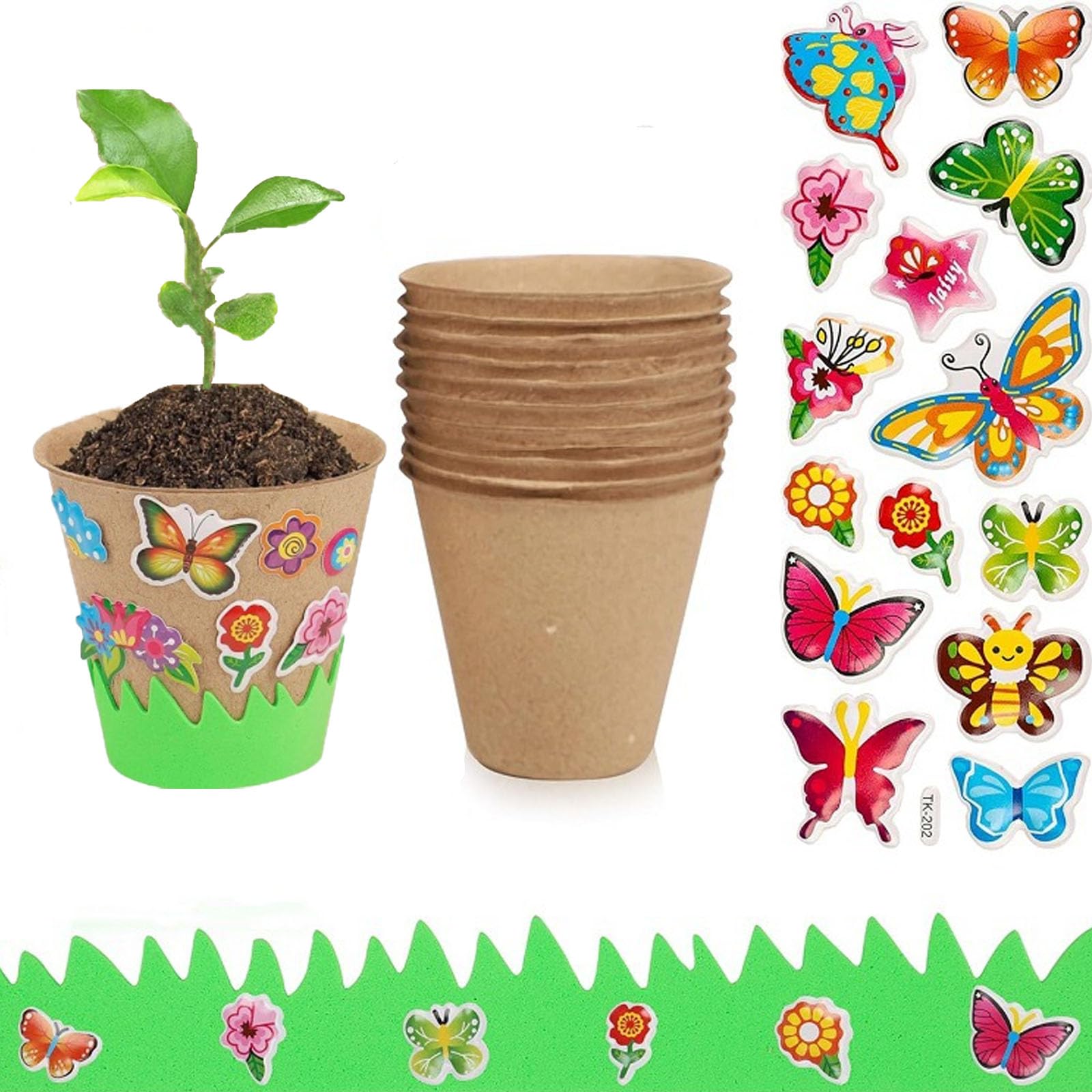 10 macetas de cultivo de pintura DIY. Macetas redondas de aprox. 8 cm. Macetas de cultivo biodegradables. Macetas pequeñas con 2 vallas verdes de 100 cm y 4 pegatinas.
