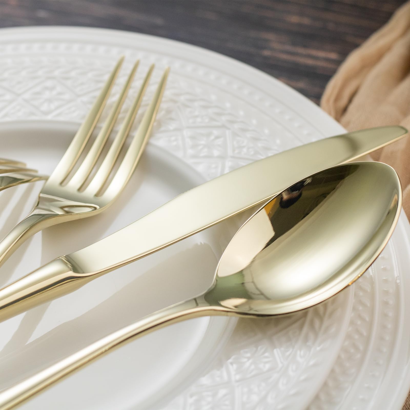 Alata Vienna 18/10 Edelstahl Poliert, Besteck Set 6 Personen Champagner Gold, Essbesteck 30 teilig, Glänzend, Spülmaschinenfest