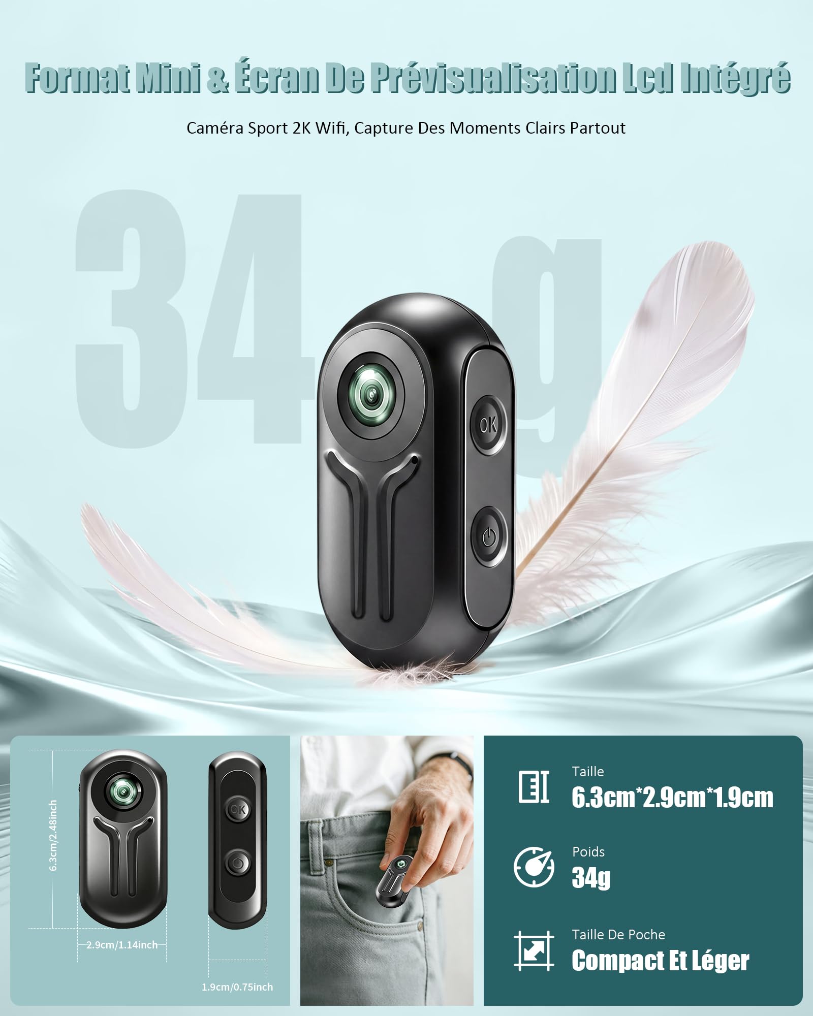 Caméra Sport 2K Full HD, Caméra Action Vlog WiFi Mini, Caméra Casque Moto Grand Angle 120°, Caméras Embarquées pour Sport Extérieur, Camera Vlog, Dashcam Moto, Carte Mémoire 32 GB Incluse - 3