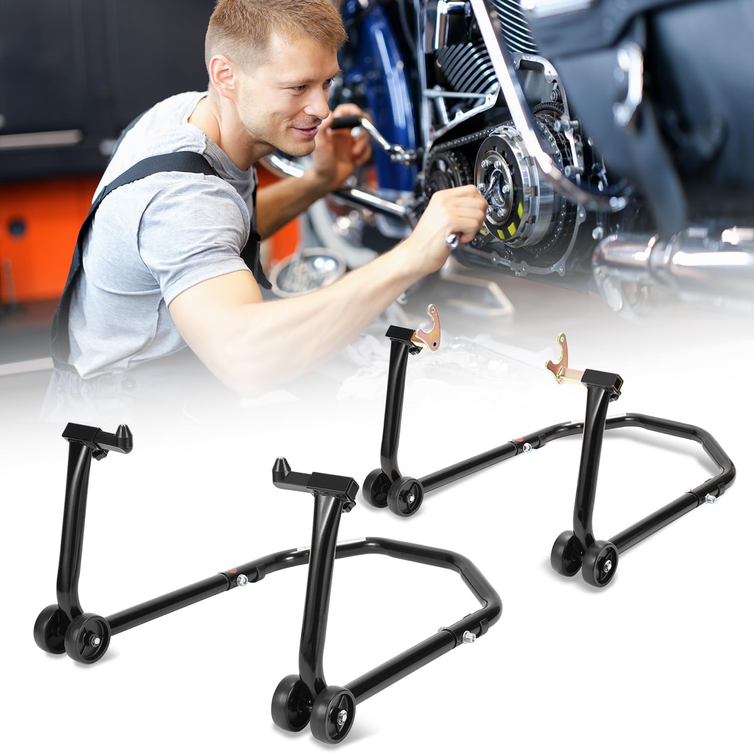 Set di supporti per moto anteriore e posteriore, supporto per moto con 4 ruote, piattaforma elevatrice per moto, stabilità, capacità di carico fino a 300 kg (Nero)