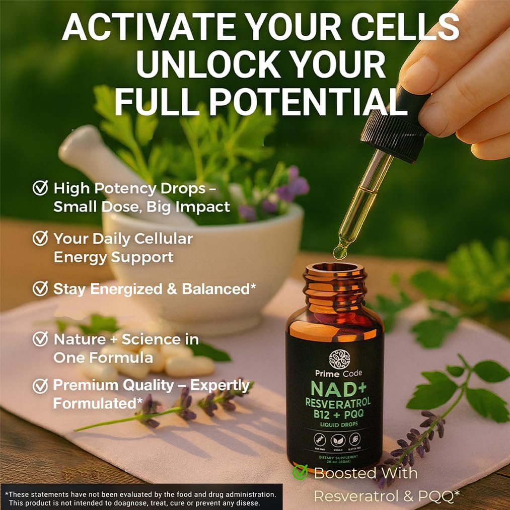 Prime Code NAD+ Liquid Drops with Resveratrol, Vitamin B12 & PQQ – Advanced Cellular Energy & Antioxidant Support – Vegan, Non-GMO, Gluten Free – Fast Absorption Supplement for Men & Women, 2 fl oz - Image 8