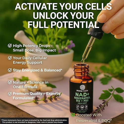 Miniatura 8 de Prime Code NAD+ Gotas líquidas con resveratrol, vitamina B12 y PQQ Energía celular avanzada y apoyo antioxidante Vegano, sin OMG, sin gluten