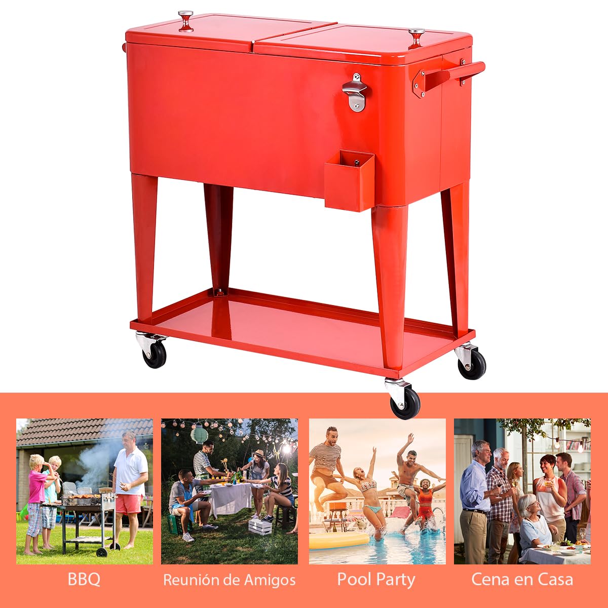 GYMAX Carro Refrigerador de 76 litros, Enfriador de Bebidas con 4 Ruedas Universales, Estante y Abrebotellas, Nevera con Doble Tapa, Caja Térmica, Enfriador de Bebidas para Jardín, Terraza