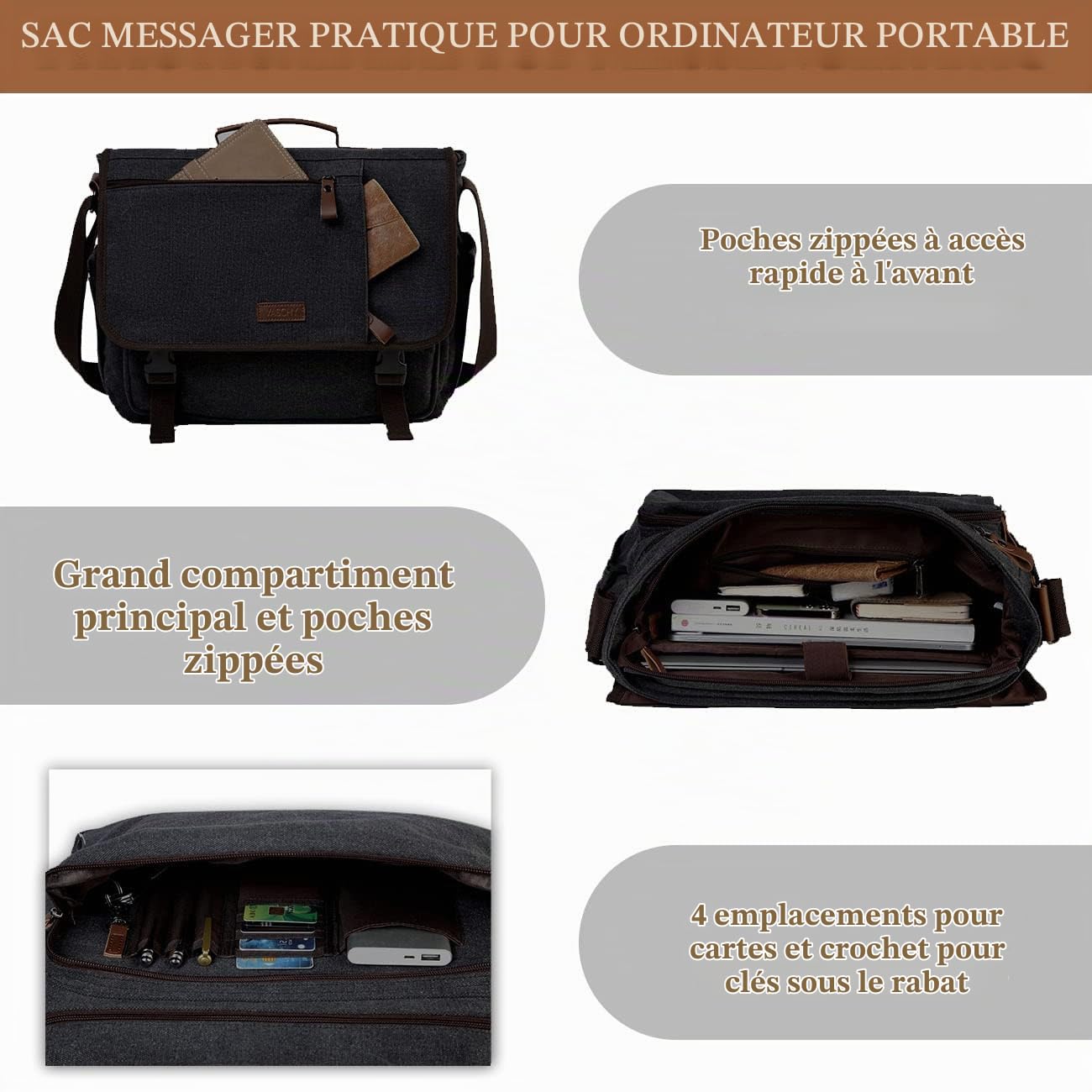 VASCHY Sacoche Homme Bandouliere, Sacoche Ordinateur Portable 15.6 Pouces avec Poignée Supérieure Grande Résistant à L'eau Messager en Toile pour Homme Femme pour Le Bureau, École (Gris Foncé