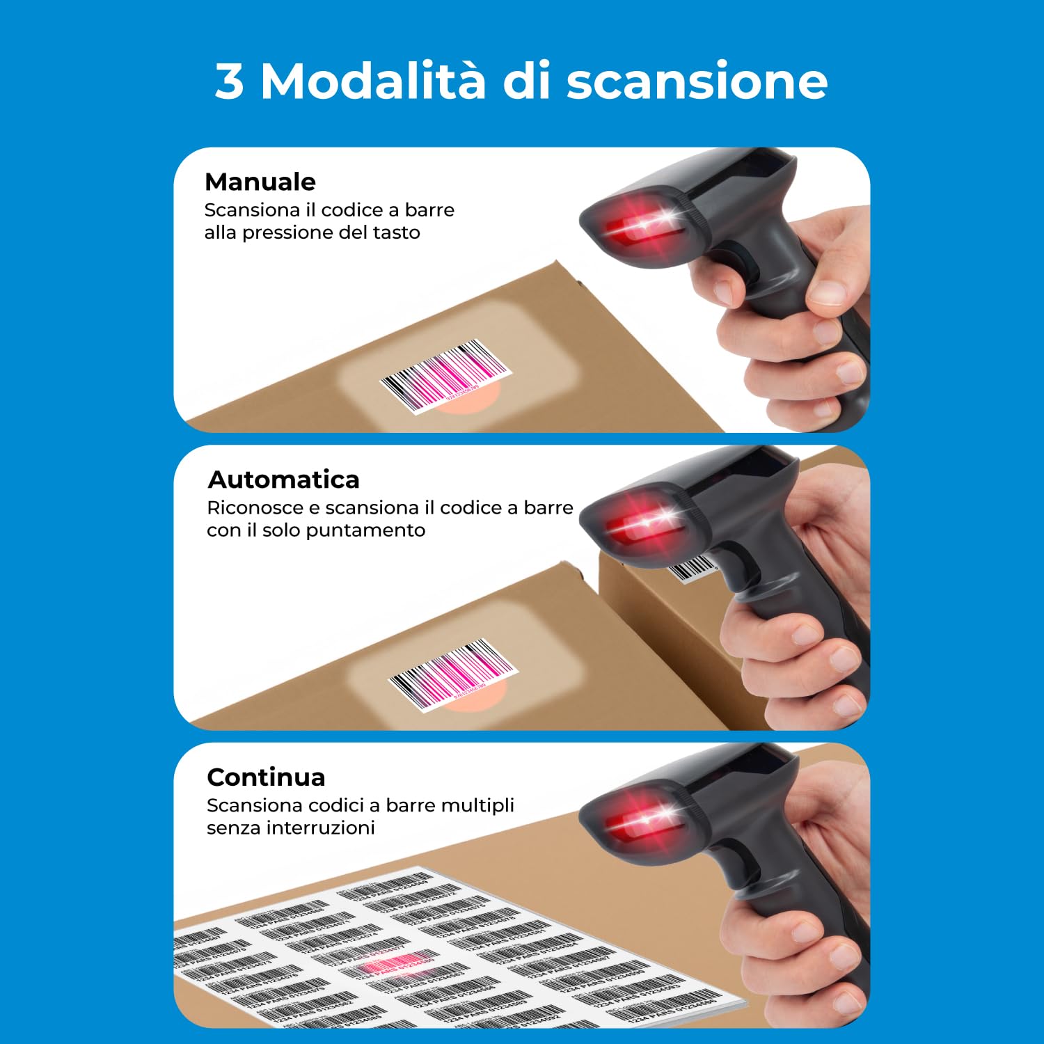 VulTech BC-07P-WBT Barcode Scanner Wireless 2.4Ghz / Bluetooth/USB Lettore Codici a Barre 2D 1D QR, Scansione su display, POS, Registratore Cassa Magazzino Supermercato Farmacia Windows/Mac/Linux