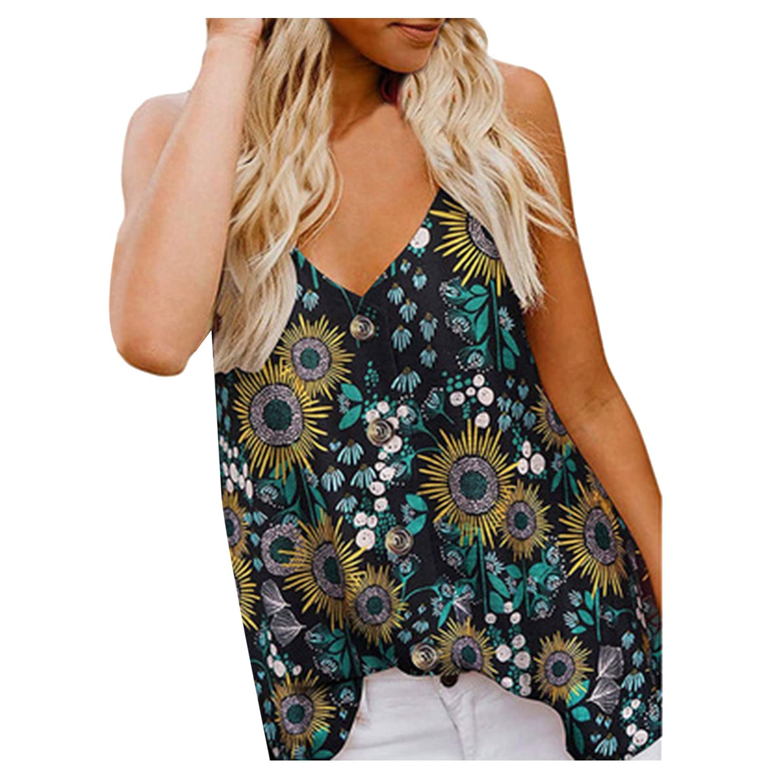 Pocciol Summer Tank Tops for Women Cute Sleeveless V Neck Workout Tops Printed Running Casual Athletic Tunic T Shirts(J#Black,M)