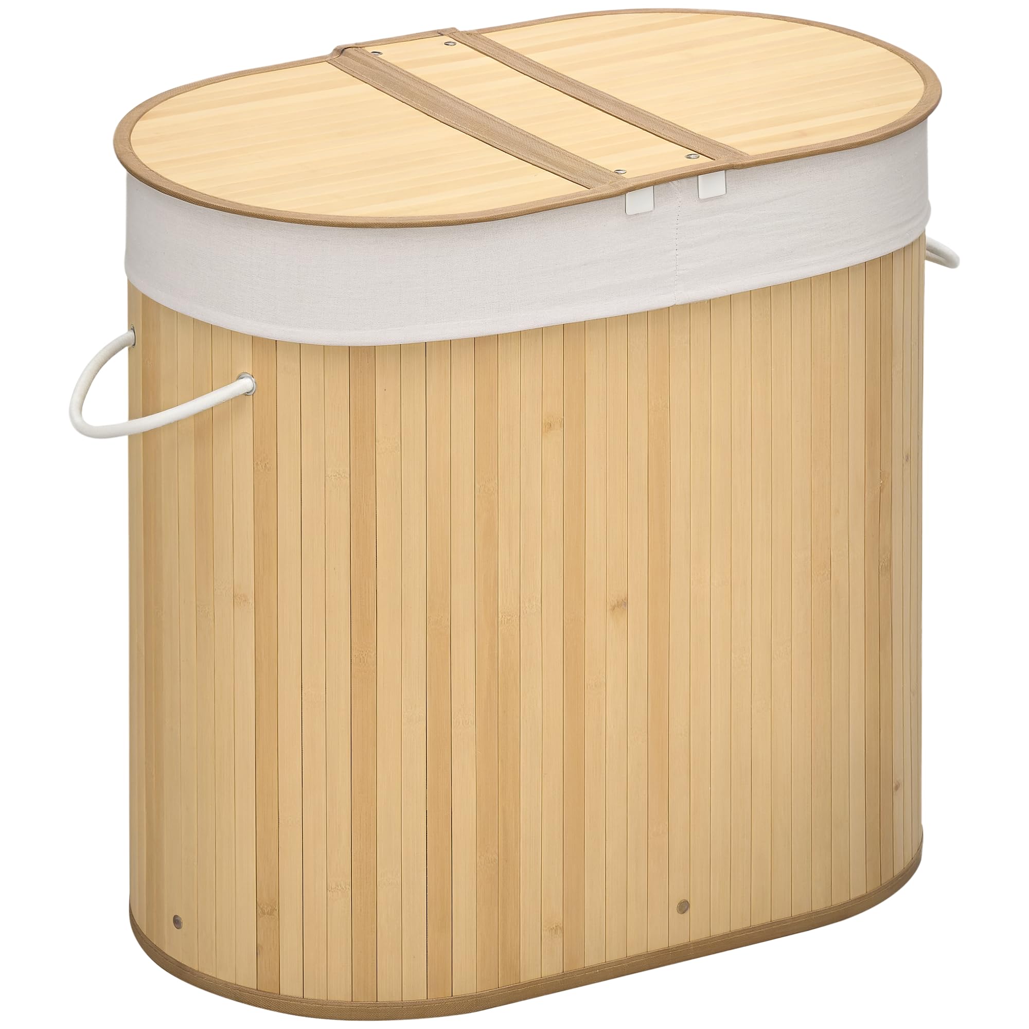 HOMCOM Bamboo Laundry Basket with Lid, 100 Litres Laundry Hamper with 2 Sections, Removable Washable Lining, Washing Baskets, 62.5 x 37 x 60.5cm, Natural