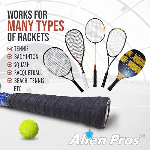 Miniatura 5 de ALIEN PROS Paquete de 18 cintas de agarre para raqueta de tenis color amarillo neón y negro, precortadas y ligeras al tacto