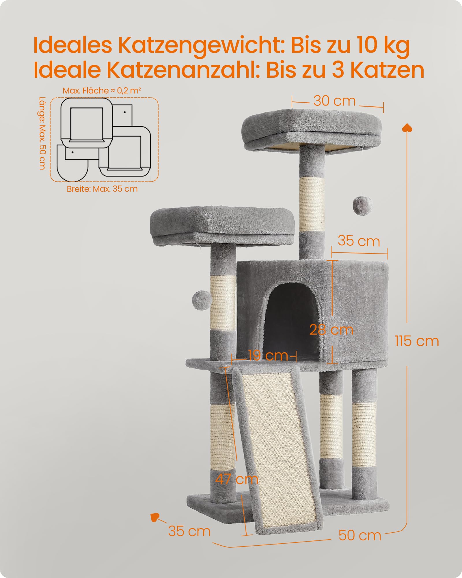 FEANDREA Kratzbaum klein, Katzenbaum mit Kratzbrett, Plattformen, für Katze, weicher Plüsch, 115 cm, vollständig mit Sisal umwickelte Säule, hellgrau PCT141W01