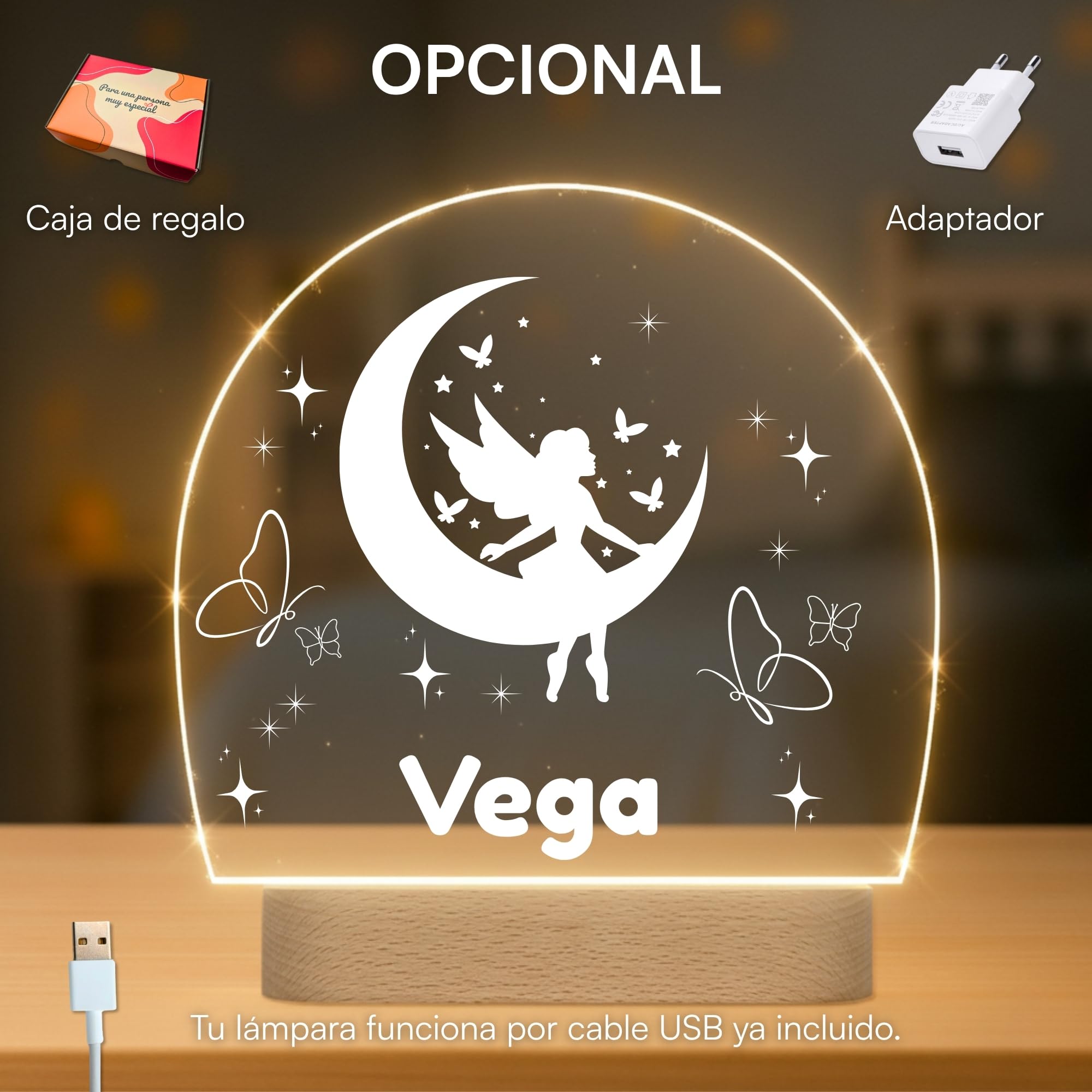 Lámpara Infantil Personalizada con Nombre - Luz LED Quitamiedos para Habitación de Bebé con Diferentes Diseños - Regalo Original para Bebe, Nacimiento, Bautizo o Cumpleaños (HADA)