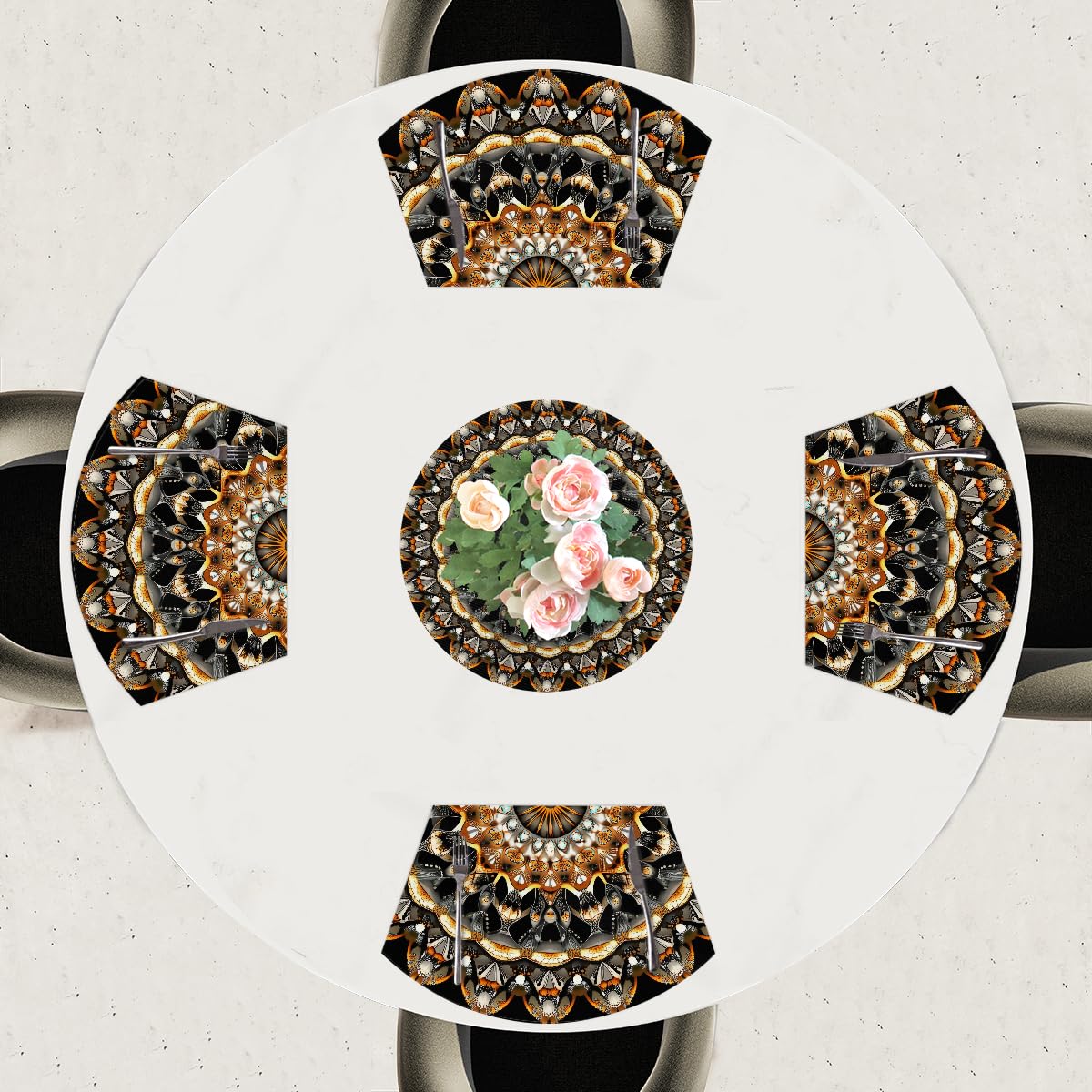 Lot de 5 sets de table en forme de fleur mandala bohème - 4 sets de table et 1 set de table rond - Lavables - Résistants à la chaleur et antidérapants - Pour cuisine, extérieur, fête, décoration de
