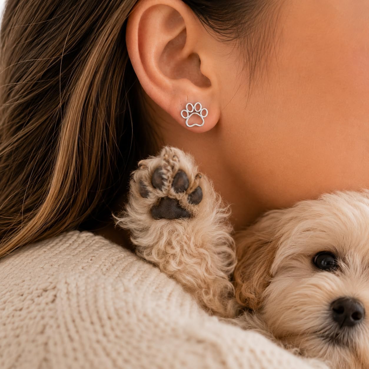Amy & Annette Stud Earrings for Women - Sterling Silver Paw Earrings, Crystal Paw, Crystal Stud Earrings, Sterling Silver Stud Earrings, Dog Earrings for Women - Size 10mm