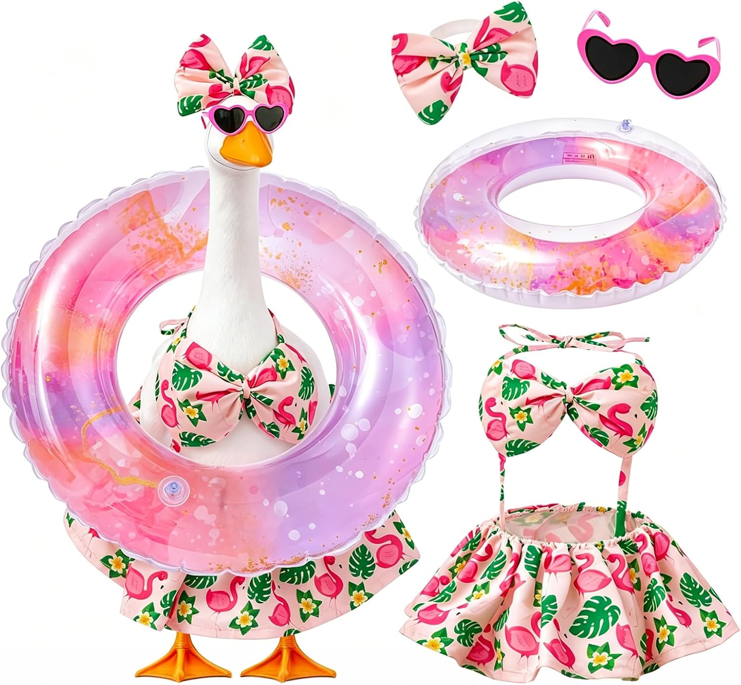 Hawaiian Porch Goose Outfit, Summer Garden Statue Bikini Clothes Set with 3D Bow, Heart Sunglasses, and Inflatable Swim Ring, Festive Flamingo Pattern for 23-inch Lawn Goose Statue Decor