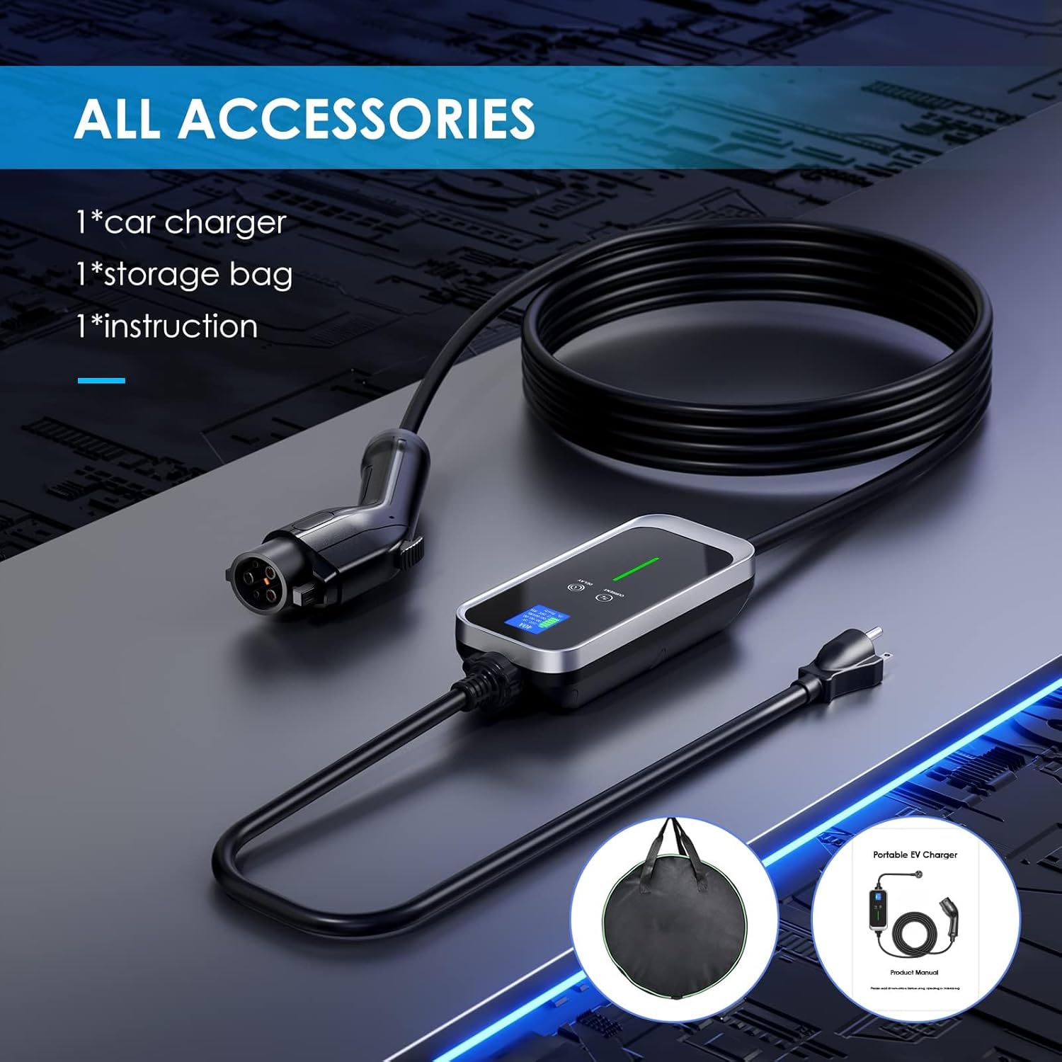 Image showing the EVJUICION portable EV charger, its carrying tote bag, and the user manual, laid out on a surface.