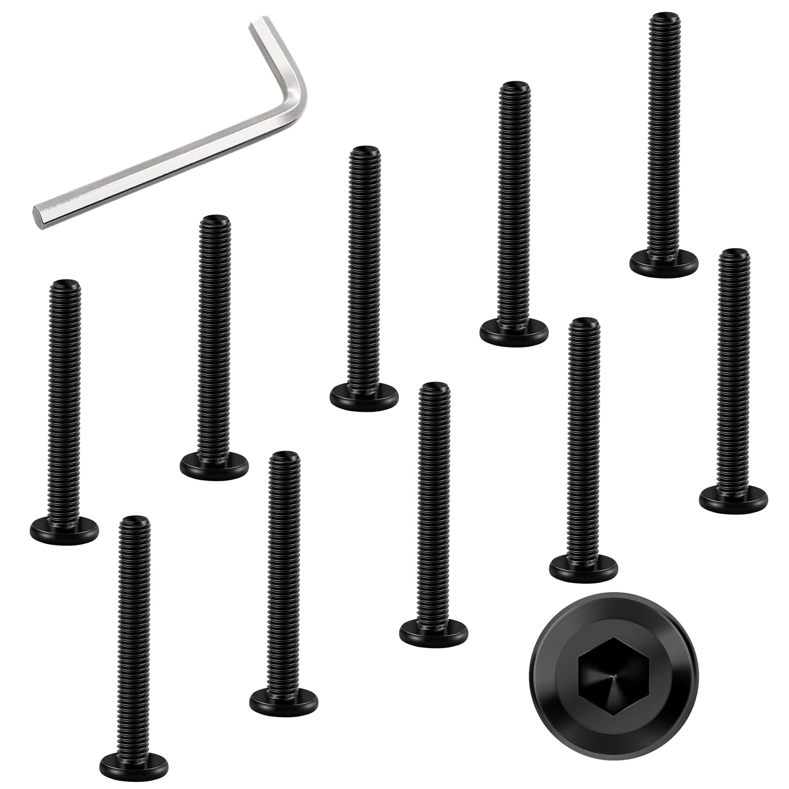 Photo 1 of **MISSING A FEW** WYLWLS M6 x 50mm Bolt, 10 Pcs Per Set with 1 Hex Spanner, Flat Head Hex Socket Cap Bolts, Alloy Steel Black Oxide Full Thread, for Furniture, Shelves, Crib, Tables and Chairs Assembly (50 mm)