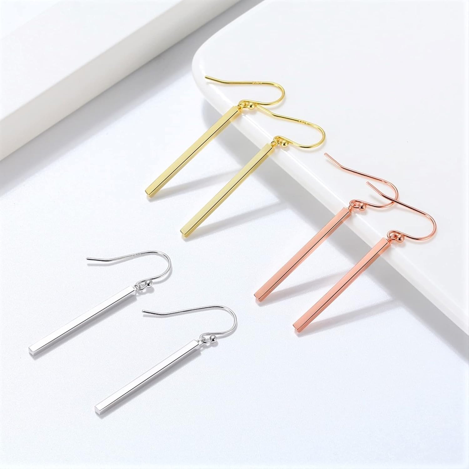 Platinum Plated 925 Sterling Silver Stick Earrings for her, Fish Hook Long Bar Dangle Drop Earrings for Women, Fashion Hypoallergenic Jewelry Set