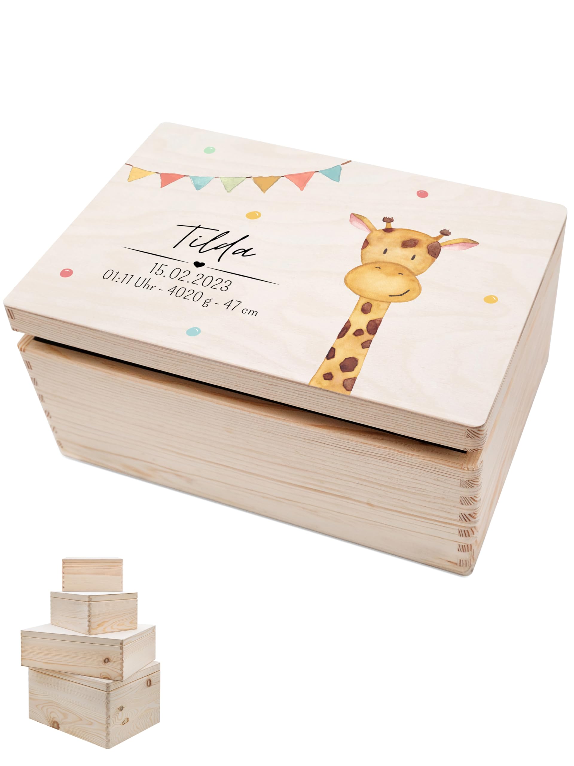 wunderwunsch® - Personalisierte Erinnerungsbox Baby mit Spezial-Druck - Baby Erinnerungsbox - Erinnerungskiste aus Holz - Geschenk zur Geburt (Giraffe, S | 30 x 20 x 14 cm)