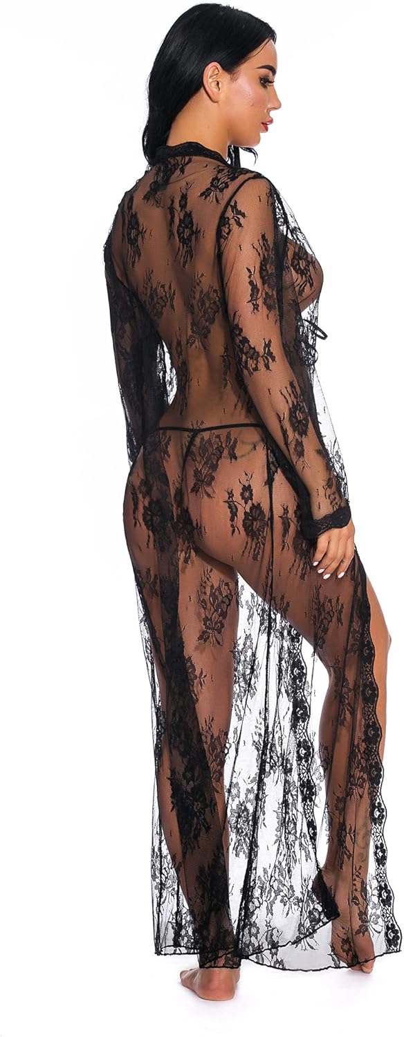 Women's See Through Kimono Robe Sheer Gown Long Lace Babydoll Dress Sexy Mesh Long Chemise Nightgown : Sports & Outdoors