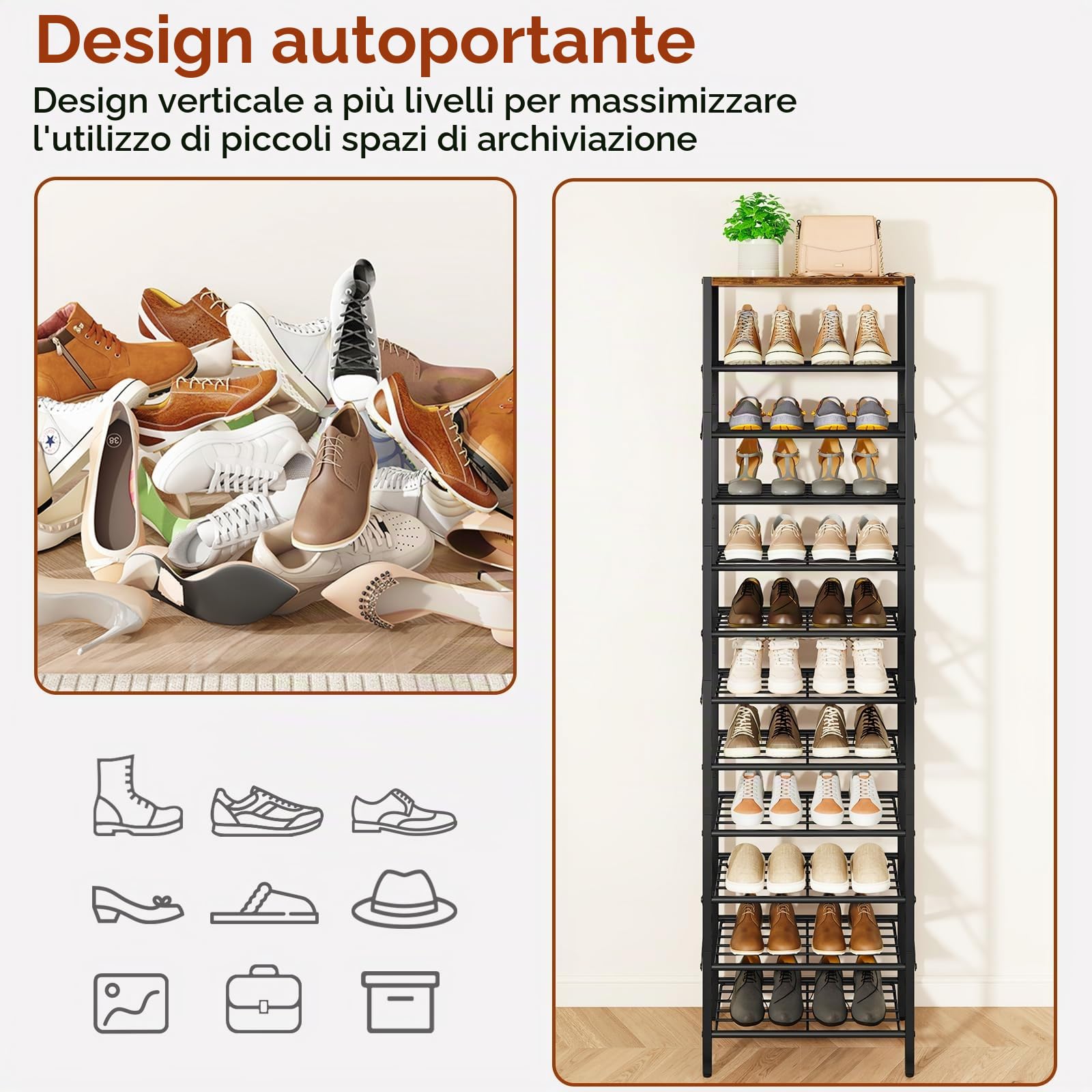 IBUYKE Scarpiera Verticale a 12 Ripiani, Scarpiera Stretta e Alta per 24 Paia di Scarpe, Salvaspazio Scarpiera in Metallo per Ingresso Corridoio Soggiorno, Rustico Marrone e Nero TXJ012H