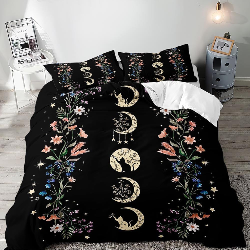 LUVIVIHOME 3PCS Black Cat Moon Phase Duvet Cover Queen Bedding Sets, Boho Aesthetic Celestial Witchy Mystic Gothic Moonlit Wildflower Floral Plant Botanical Black Comforter Quilt Cover, 2 Pillow Cases