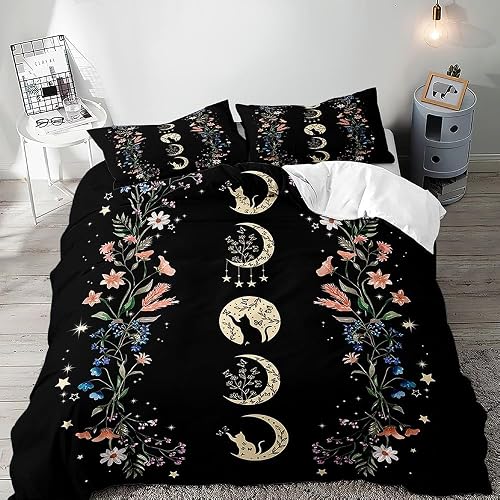 LUVIVIHOME 3PCS Black Cat Moon Phase Duvet Cover Queen Bedding Sets, Boho Aesthetic Celestial Witchy Mystic Gothic Moonlit Wildflower Floral Plant Botanical Black Comforter Quilt Cover, 2 Pillow Cases - Playful Black Cat (No Comforter) - Queen