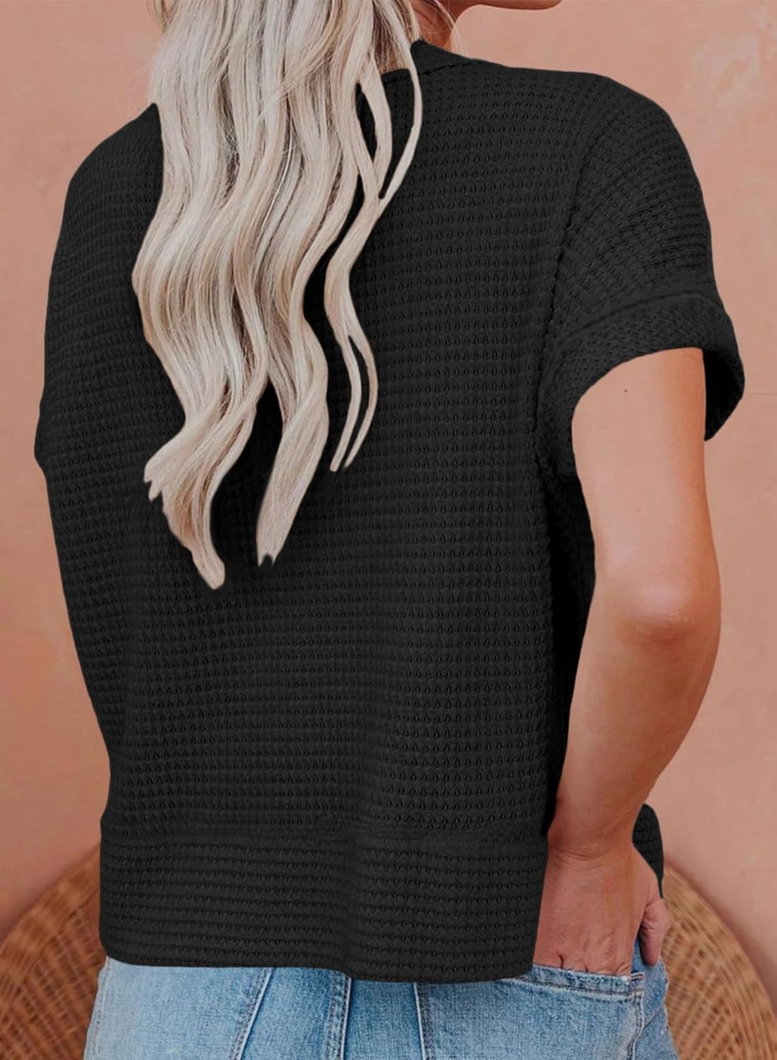 Eytino Womens Plus Size Tops Casual V Neck Short Sleeve Waffle Knit Button Down Shirts(1X-5X) - Image 2