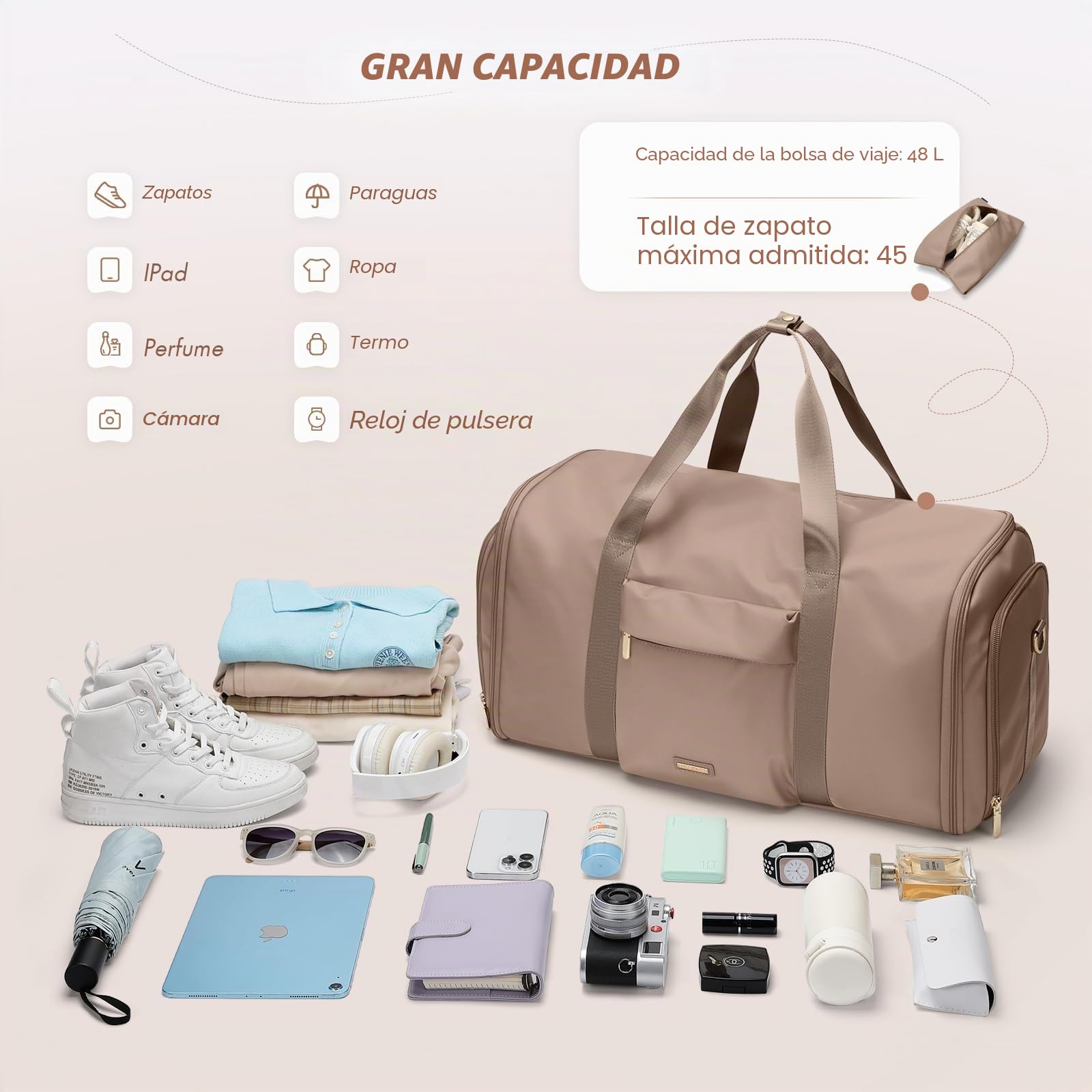 Bolsa de Viaje Convertible 2 en 1, con Compartimento Separado para Zapatos, Impermeable, Bolsa de Ropa Fin de Semana Bolsa de Traje Colgante para Hombres y Mujeres,48L, Marrón champán